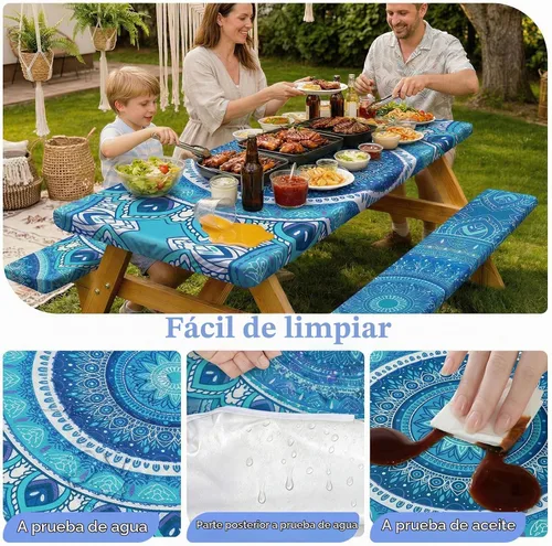 Vista 4 de Funda de mesa de picnic con fundas para bancos Esenciales de camping Mantel de picnic impermeable y a prueba de viento con bolsa de cordón, funda