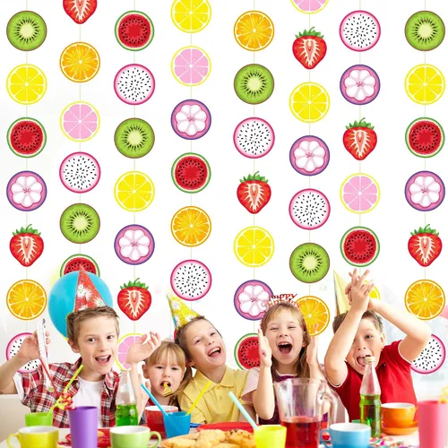 Vista 6 de Duraaamo Paquete de 8 pancartas para fiesta de frutas, guirnalda de papel de Twotti Frutti bailando Frutti, recortes colgantes de papel para verano