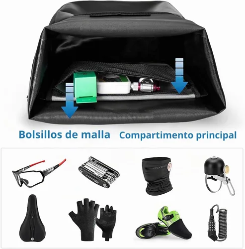Vista 5 de ROCKBROS Bolsa de alforjas delanteras enrollables Bolsa de rack frontal para bicicleta Paquete de estante resistente con asa de transporte y correa