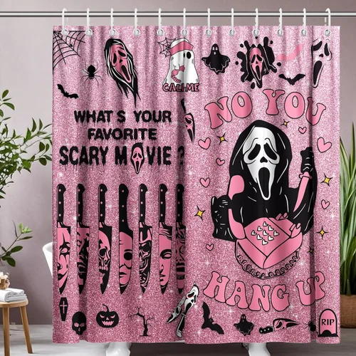 Vista 8 de KAIRA Cortina de ducha de Halloween, 72 x 72 pulgadas con ganchos, decoración de baño con cara espeluznante y aterradora, divertida cortina de tela