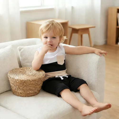 Vista 4 de Kupretty Ropa para bebé niño de 6, 12, 18, 24 meses, 2T 3T, trajes de verano, sin mangas, camiseta y pantalones cortos casuales Negro