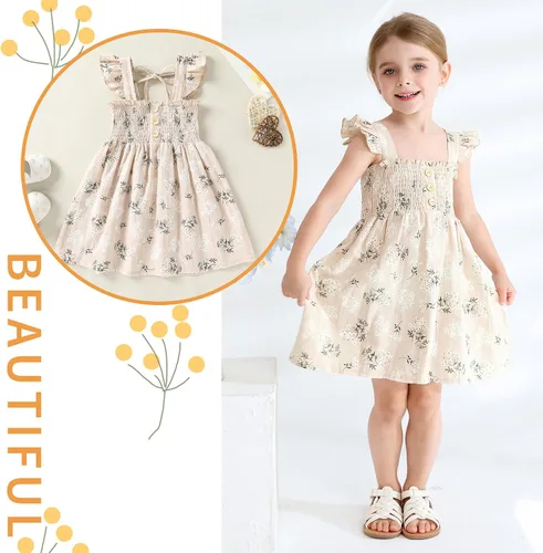 Vista 2 de JEELLIGULAR Vestido para niña pequeña, con volantes, sin mangas, con botones, vestido de verano para playa, casual, acampanado, vestido de verano