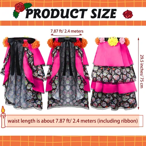 Vista 2 de Día de los Muertos Halloween con lazo en falda bulliciosa accesorios de disfraz Día de los Muertos lindo vestido de calavera para mujeres Senorita