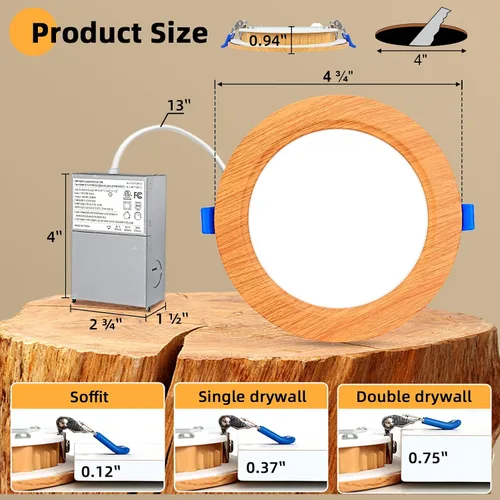 Vista 5 de LTBLIGHT - Paquete de 12 luces empotrables regulables de grano de madera de 4 pulgadas, 5CCT 1200LM Canless wafer downlight,12W=150W energy