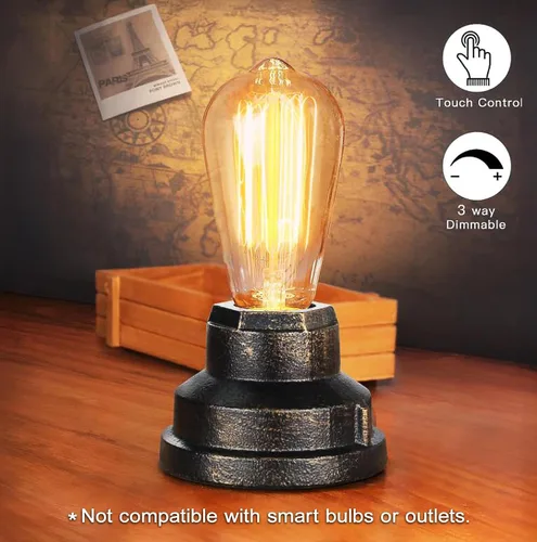 Vista 3 de Base de lámpara de mesa pequeña con control táctil, luz táctil industrial, base de bombilla Edison vintage, regulable para mesita de noche, luz