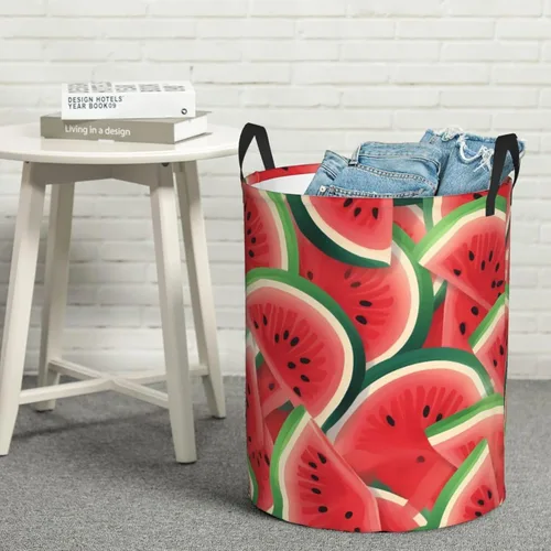 Vista 8 de Watermelon Slice print Circular Hamper Waterproof Storage Bin Organizer Basket Laundry Hamper With Handles For Clothes Toys Small