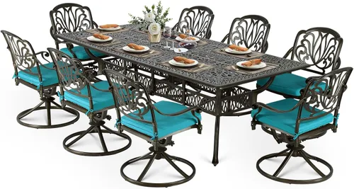 Vista 27 de VIVIJASON Juego de comedor al aire libre de 9 piezas, juego de mesa y sillas de patio de aluminio fundido para 8, incluye mesa rectangular de 94.5