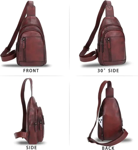 Vista 4 de IVTG Bolso bandolera de cuero genuino para mujeres y hombres, bolso cruzado de cuero, bolso de hombro para el pecho, mochila, Café, Mochilas Sling