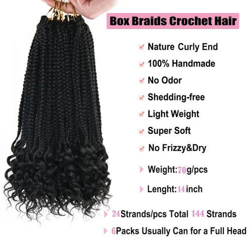 Vista 4 de Trenzas de ganchillo para mujer, 144 raíces/paquete, trenza negra con extremos rizados, trenzas de caja de 14 pulgadas, 24 mechones por pieza