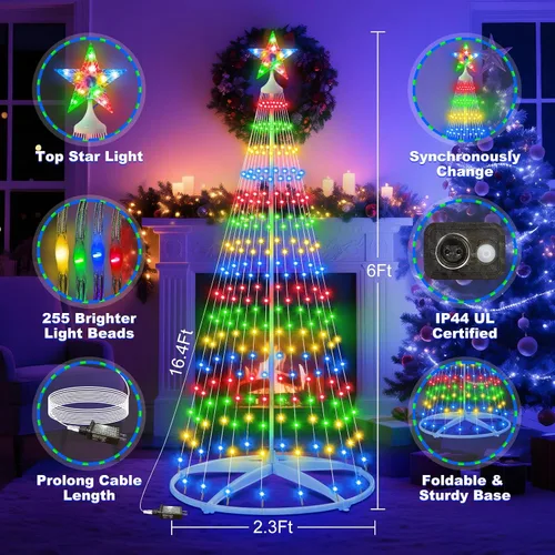 Vista 2 de Árbol de Navidad iluminado con conos, 250 luces LED de 1.8 m con 11 modos de iluminación, temporizador, control remoto, árbol artificial de Navidad