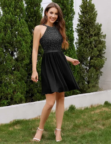 Vista 2 de Dressystar - Vestido corto de fiesta con escote halter para mujer, vestido de graduación de tul y encaje