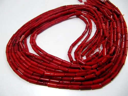Vista 4 de Cuentas de coral rojo perforadas largas de calidad muy agradable, cuentas de coral rojo fuego en forma de tubo, tamaño 0.157 x 0.315 in disponible