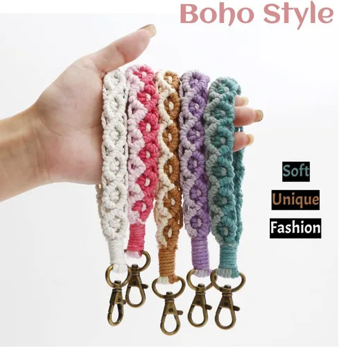 Vista 7 de Llavero de macramé para mujer, cordón de muñeca para llaves de coche, bonitos llaveros bohemios, pulsera para niñas