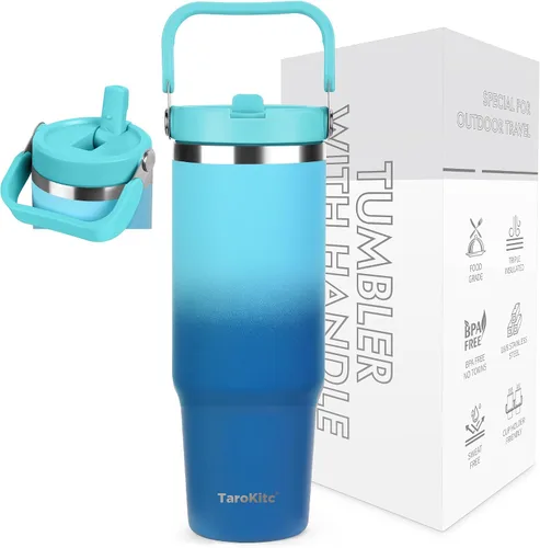 Vista 18 de TaroKitc Vaso de 30 onzas con asa y popote abatible, botella de agua aislada al vacío de triple pared, taza de viaje reutilizable a prueba de fugas