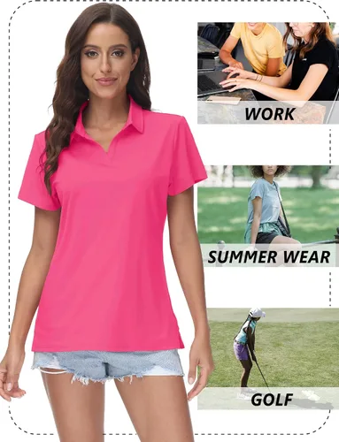 Vista 7 de TACVASEN Polo de manga corta con cuello en V para mujer, con protección solar UPF 50+, secado rápido, para golf