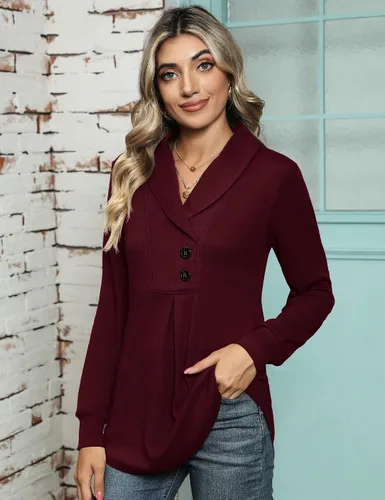 Vista 4 de AKEWEI Sudadera de manga larga con cuello de chal y botones para mujer, sudadera casual con vuelo