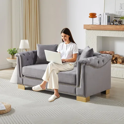 Vista 17 de Chesterfield - Juego de 2 sofás combinados de terciopelo de 3 plazas, 4 cojines clásicos de 6.5 pulgadas, brazo enrollado moderno adecuado para sala