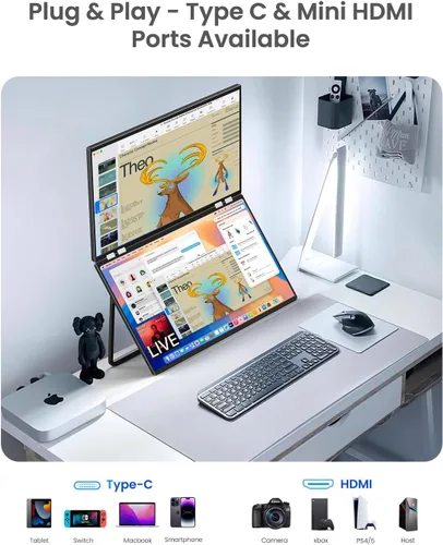 Vista 4 de QLED - Monitor portátil dual de 23.8" 100Hz FHD 1080P apilable – Pantallas verticales duales de 125% sRGB para codificación/juegos/trading, extensor