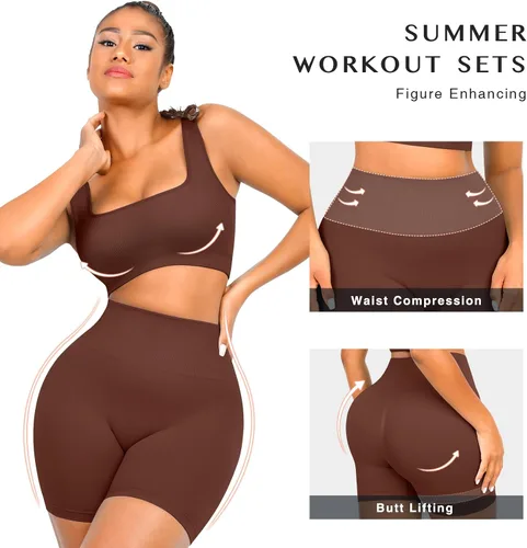 Vista 5 de Conjuntos de entrenamiento para mujer, 2 piezas, sin costuras, brasier deportivo acanalado, pantalones cortos de cintura alta, tallas regulares