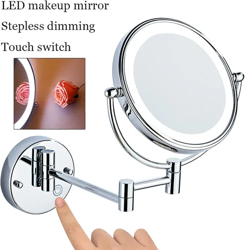 Vista 4 de Espejo de maquillaje LED con luces y aumento de 10 aumentos, espejo de tocador montado en la pared, redondo, de doble cara, con brazo extensible