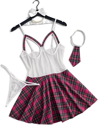 Vista 10 de Avidlove Conjunto de lencería sexy para mujer, falda a cuadros Rosa