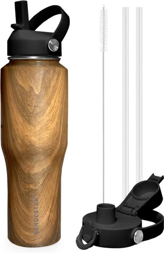 Vista 7 de SENDESTAR - Botella de agua de 0,9 L, 2 tapas (tapa con pajita), boca ancha de acero inoxidable aislada al vacío, doble pared, mantiene los líquidos