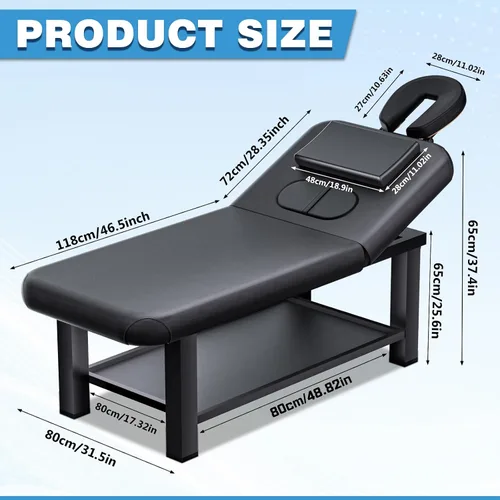Vista 5 de Mesa de masaje estacionaria con base de metal con respaldo ajustable, mesa de tratamiento de spa profesional, cama de masaje resistente para terapia