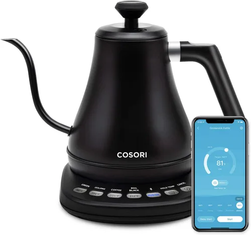 Vista 2 de COSORI Hervidor eléctrico de cuello de cisne inteligente Bluetooth con control de temperatura variable, negro y cafetera para verter sobre con acero
