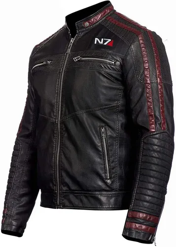 Vista 2 de N7 Mass Effect 3 Street Fighter Cafe Racer - Chaqueta de piel negra para hombre