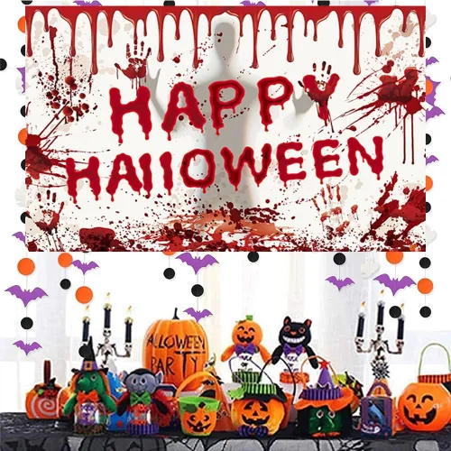 Vista 3 de Telón de fondo de Feliz Halloween, 70.87 x 43.31 pulgadas, decoración de fiesta aterradora, suministros de decoración para patio
