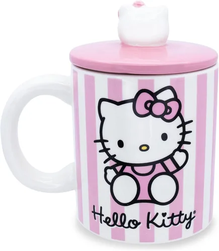 Vista 2 de Toynk Sanrio Hello Kitty - Taza de cerámica con tapa con diseño de rayas rosadas, taza de café grande para té, expreso, cacao, capacidad para 18