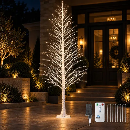 Vista 18 de Árbol de abedul iluminado de 7 pies, 1000 luces LED multicolor con luces parpadeantes, modos parpadeantes o constantes, alambre de alta densidad