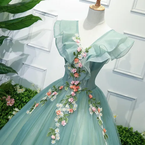 Vista 4 de Vestido de quinceañera con apliques de flores verdes de tul para niña, vestido de quinceañera dulce 15 para baile de graduación, gala, concurso