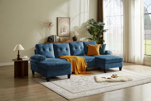 Vista 14 de Sofá modular de 105 pulgadas para sala de estar, sofá en forma de U de 4 plazas con doble diván de fibra de lino de poliéster, color azul Gris claro