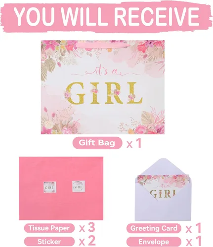 Vista 3 de Juego de bolsas de regalo extra grandes de 16.5 pulgadas con asas, tarjeta de felicitación, papel de seda rosa y calcomanías para niñas y niños