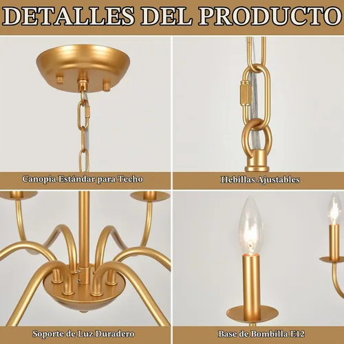 Vista 5 de Candelabro dorado de 6 luces, modernos candelabros de granja para comedor, iluminación colgante de vela rústica para dormitorio, vestíbulo, sala