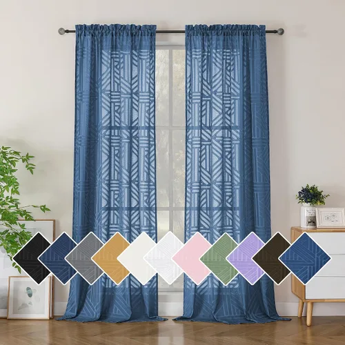 Vista 62 de Simplebrand Cortinas traslúcidas negras de cocina de 24 pulgadas de largo, 2 paneles, filtrado de luz, geométrico jacquard con textura, cortinas