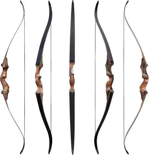 Vista 5 de Arco recurvo Black Hunter Takedown de 60 pulgadas, 20 a 60 libras, elevador de madera para mano derecha, arco de práctica recurvo con flechas