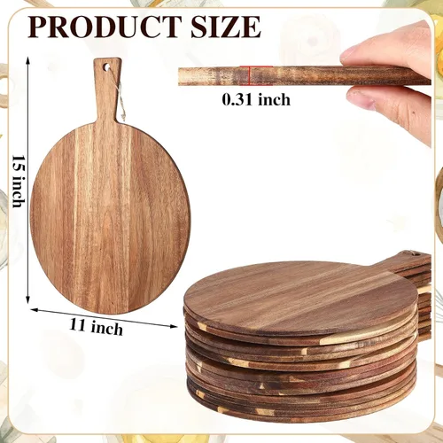 Vista 2 de Patelai Tabla de cortar redonda de madera de 12 piezas con asa para cortar pizza a granel, grabado láser, charcutería, queso, pan, tabla de cortar