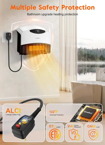 Vista 2 de GiveBest Calentador de pared eléctrico, calentador de pared inteligente de 1500 W para baño, calentadores de pared con termostato, control remoto