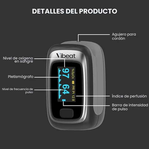 Vista 3 de Vibeat - Oxímetro de pulso de dedo, monitor de saturación de oxígeno en sangre, sensor de O2 de dedo con frecuencia cardíaca, baterías y cordón Negro