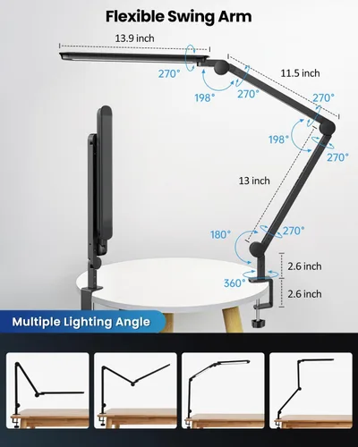 Vista 6 de Lámpara de escritorio LED con abrazadera, luz de escritorio de arquitecto de doble luz ultra brillante con brazo oscilante ajustable, 4 modos