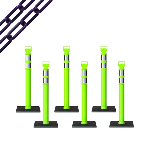 Vista 47 de CCW 6-Pack 45" Delineador Post Kit Kit de 3.0 in collares reflectantes, base de goma de 10 lb (6 postes blancos con cadena negra de 50 pies)