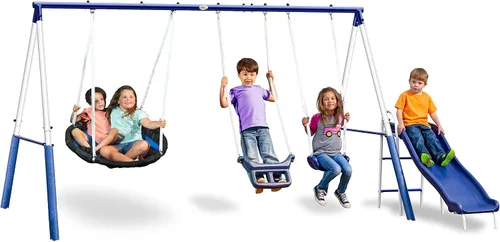 Vista 2 de XDP Recreation Swingin' More Fun - Juego de columpios para niños en el patio trasero al aire libre, blanco/azul y XDP Recreation 70113, juego