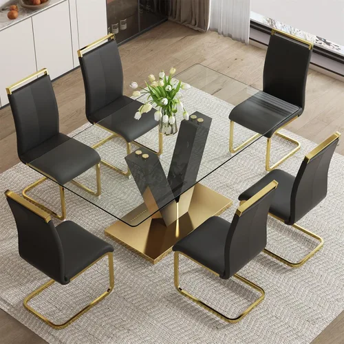 Vista 17 de Juego de mesa de comedor de cristal de 71 pulgadas para 4, juego de mesa de cocina moderno para 4, juego de mesa de comedor para el hogar