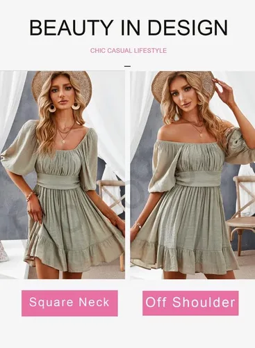 Vista 2 de Dokotoo Vestidos de verano para mujer cuello cuadrado lazo en la espalda manga farol volantes acampanado casual mini vestido