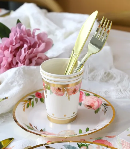 Vista 5 de Platos y servilletas de papel florales para fiesta - Sirve para 16 - Platos florales Tazas florales Cuchillos Tenedores Decoraciones de baby shower