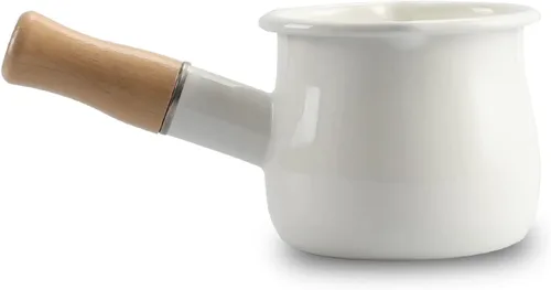 Vista 10 de Mini Olla de Leche Esmaltada de 0.6 Cuartos con Mango de Madera Aislado, 2 Picos Vertedores, Calentador de Alimentos Pequeño, Cacerola Bonita