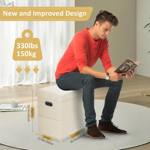 Vista 2 de Otomana alta con almacenamiento plegable de tela, otomana plegable pequeña y delgada con tapa y manijas para habitación, reposapiés, taburete