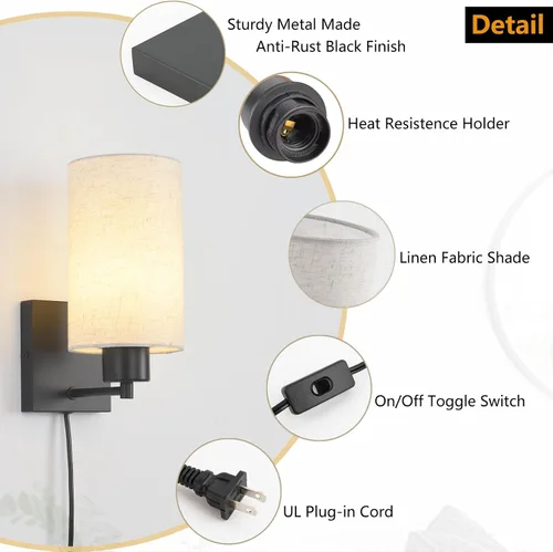 Vista 5 de KOONTING® Juego de 2 apliques de pared enchufables, lámpara de pared rústica con cable de enchufe e interruptor de palanca de encendido/apagado, Lino